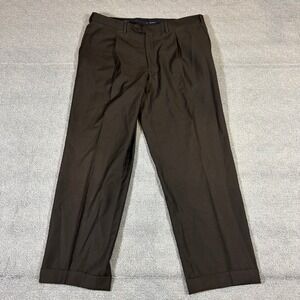 Trussini Mens Brown Wool Pleated Dress Pants Made in Italy Micro Check 37x30